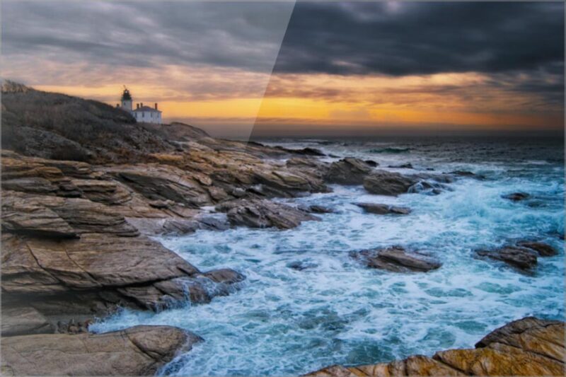 Guardian of Twilight – Acrylic Print Beavertail Lighthouse Film & Fire