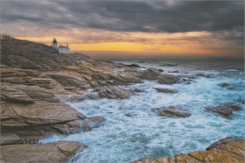 Guardian of Twilight – Wood Print Beavertail Lighthouse Film & Fire